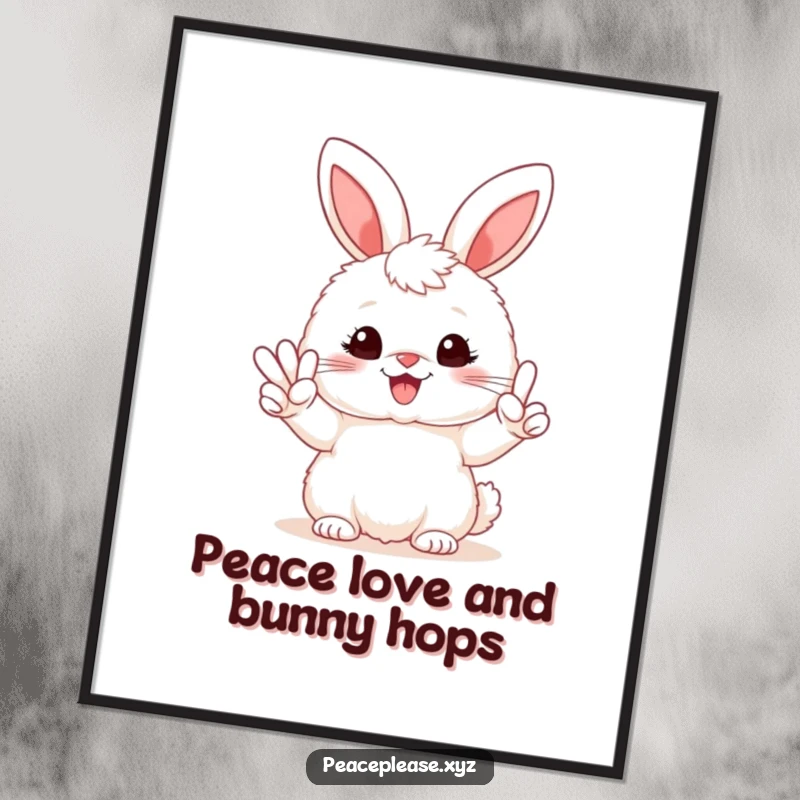 Funny Free Printable Wall Art: A fluffy bunny cheerfully holding a peace sign, ready to bring smiles to any room.