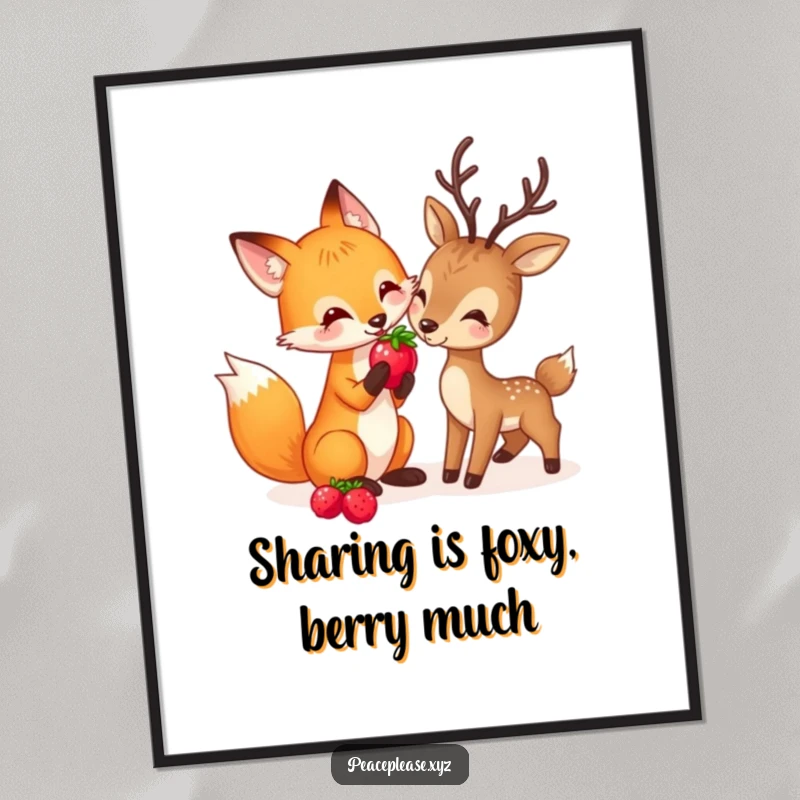 Funny Free Printable Wall Art: A playful fox sharing a berry with a deer in a woodland scene, whimsical and charming.
