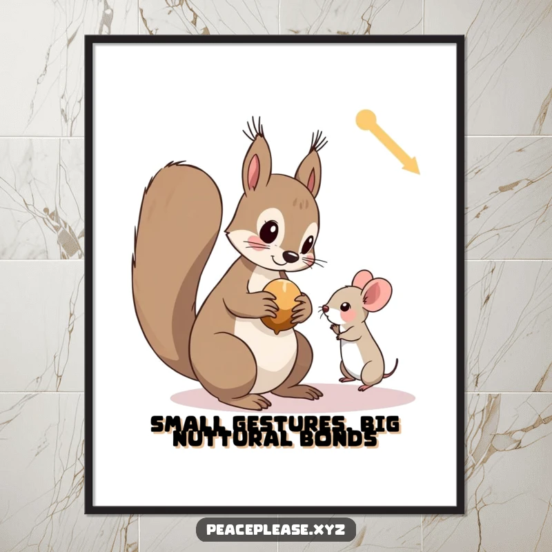 Funny Free Printable Wall Art: Curious squirrel offers nut to tiny mouse, cute and humorous downloadable art.