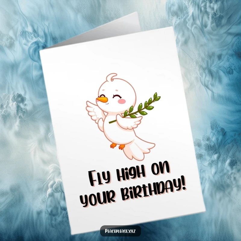 Funny Free Printable Birthday Card: A smiling dove with an olive branch soaring through clouds, wishing happy birthday.