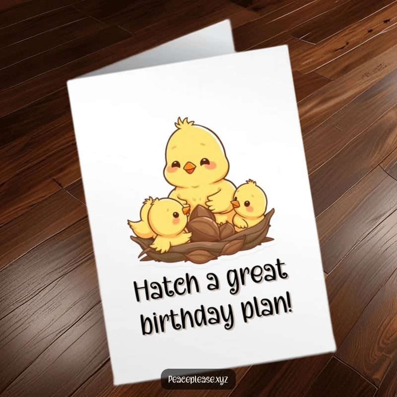 Free Printable Birthday Card: Happy chick pecking seed amongst siblings, cute and funny downloadable art.