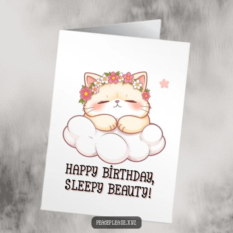 Funny Free Printable Birthday Card: Plump cat in flower crowns snoozing on a cloud, holding a gentle breeze.