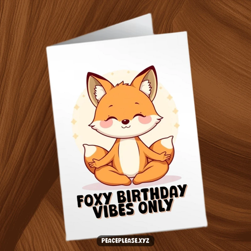 Funny Free Printable Birthday Card featuring a smiling fox meditating serenely in a lotus pose, radiating a peaceful aura.