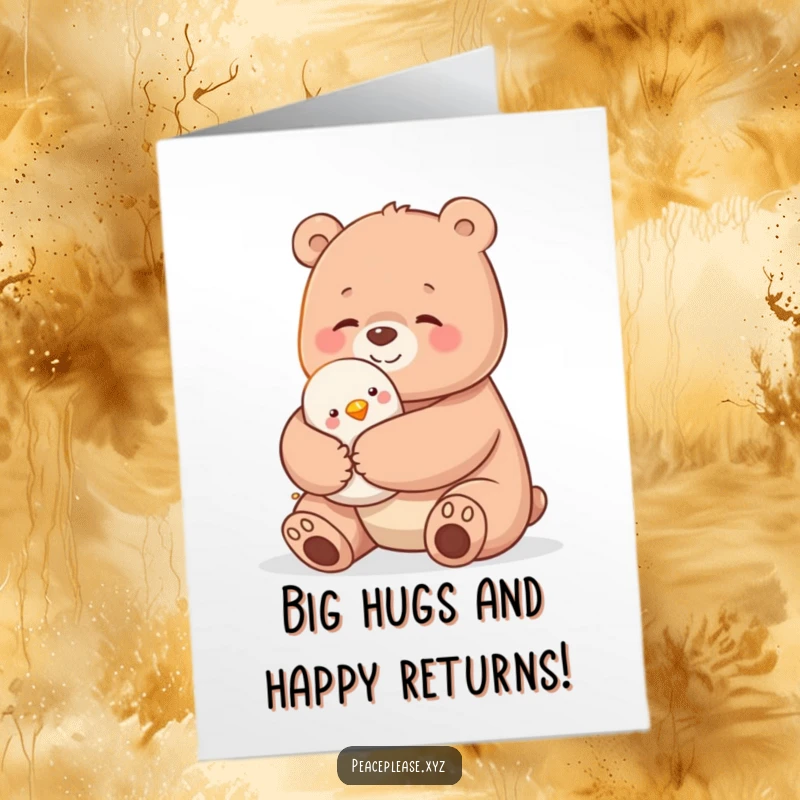Funny Free Printable Birthday Card: Gentle bear giving a huge hug to a tiny bird, spreading cheer and warmth.