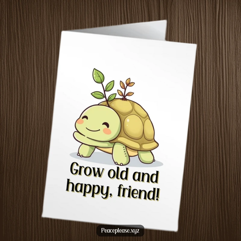Free Printable Birthday Card: Smiling turtle carries vibrant seedling on shell, symbolizing growth downloadable art.