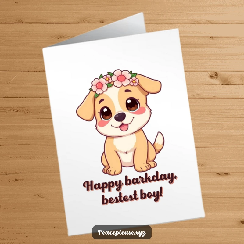 Funny Free Printable Birthday Card: A happy dog with a flower crown wags its tail enthusiastically, spreading birthday cheer.