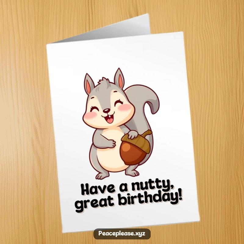 Free Printable Birthday Card: Happy squirrel offering a ripe acorn, wishing a fun and memorable birthday.