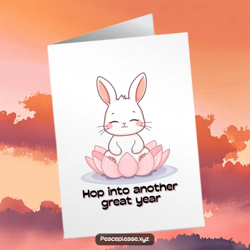 Funny Free Printable Birthday Card: A serene rabbit meditating with closed eyes on a lotus pad, wishing happy birthday.