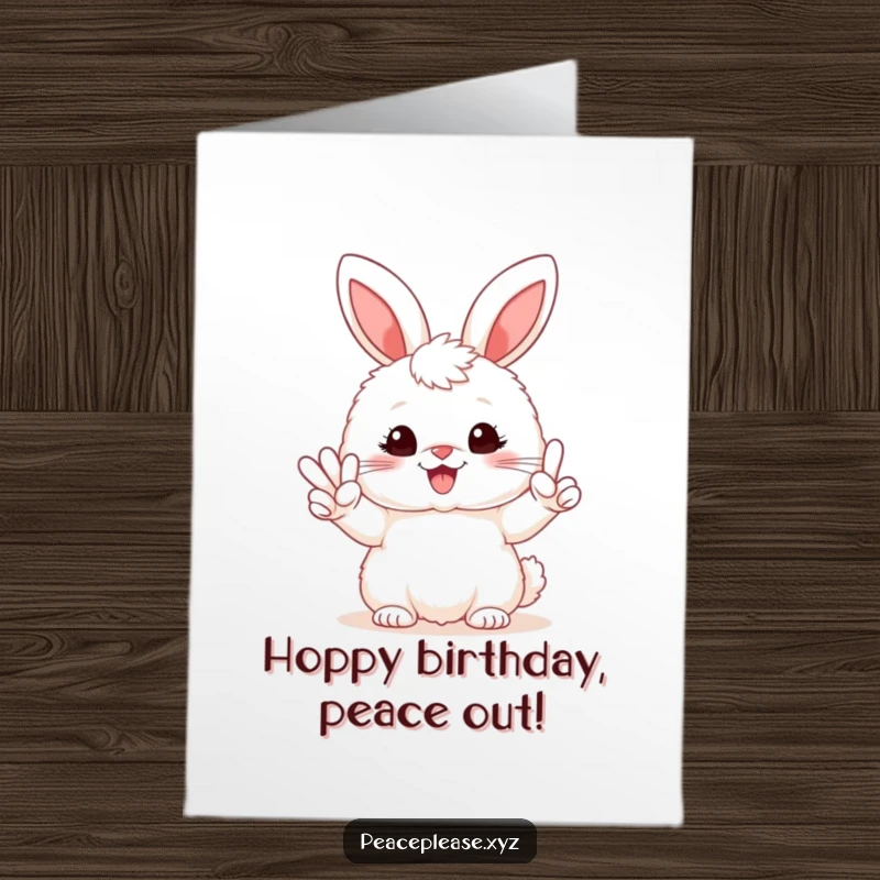 Funny Free Printable Birthday Card: Fluffy bunny with peace sign and huge grin, spreading joyful birthday wishes instantly.