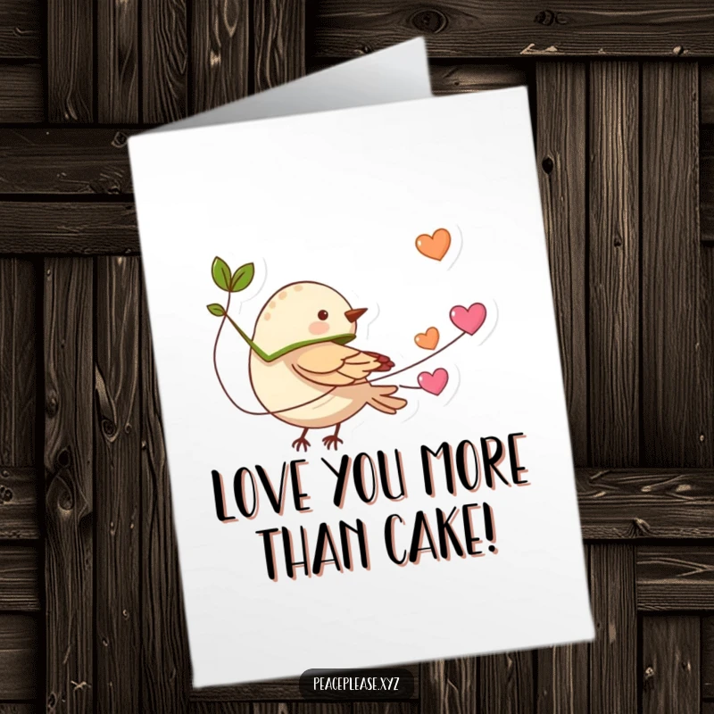 Funny Free Printable Birthday Card: Tiny bird in a leaf cape flies with a string of hearts, delivering birthday wishes.