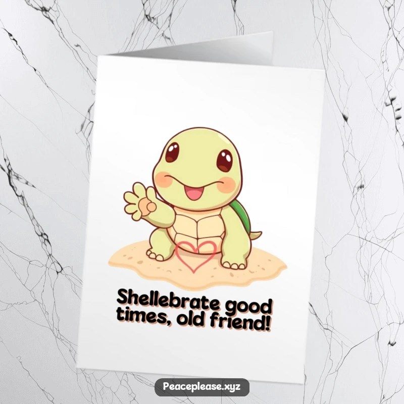 Funny Free Printable Birthday Card: Cheerful turtle extends paw with heart in sand, wishing a happy birthday with warmth.