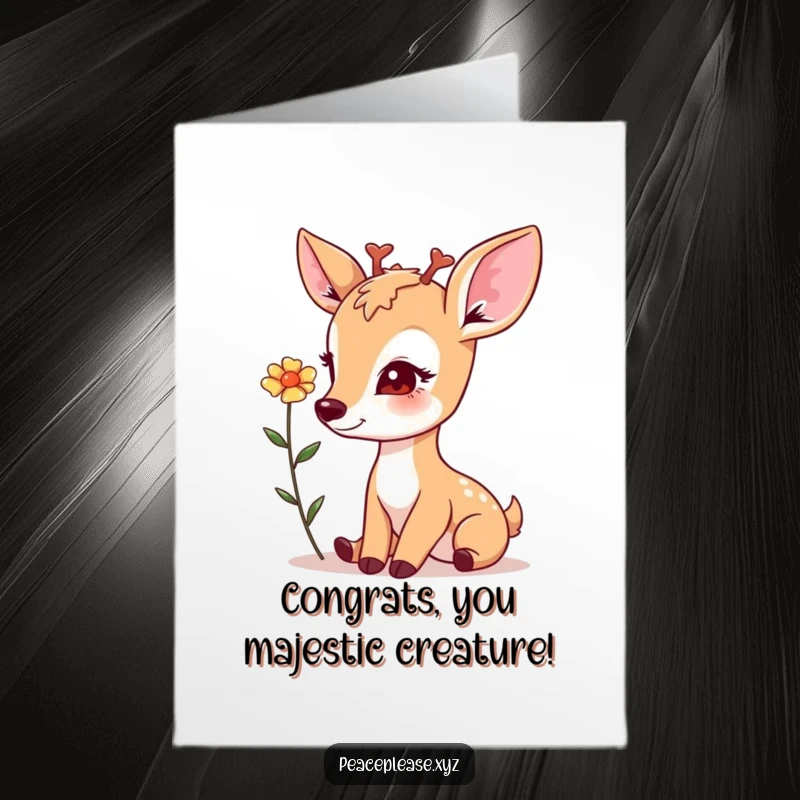 Free Printable Congratulations Card: A kind deer extends a flower, offering congratulations with a gentle, heartwarming look.