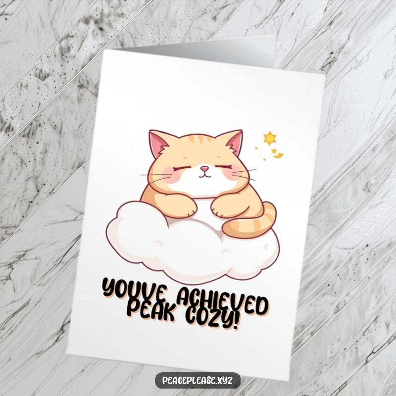 Funny Free Printable Congrats Card: Plump cat peacefully napping on a cloud, dreaming, a humorous celebration card.