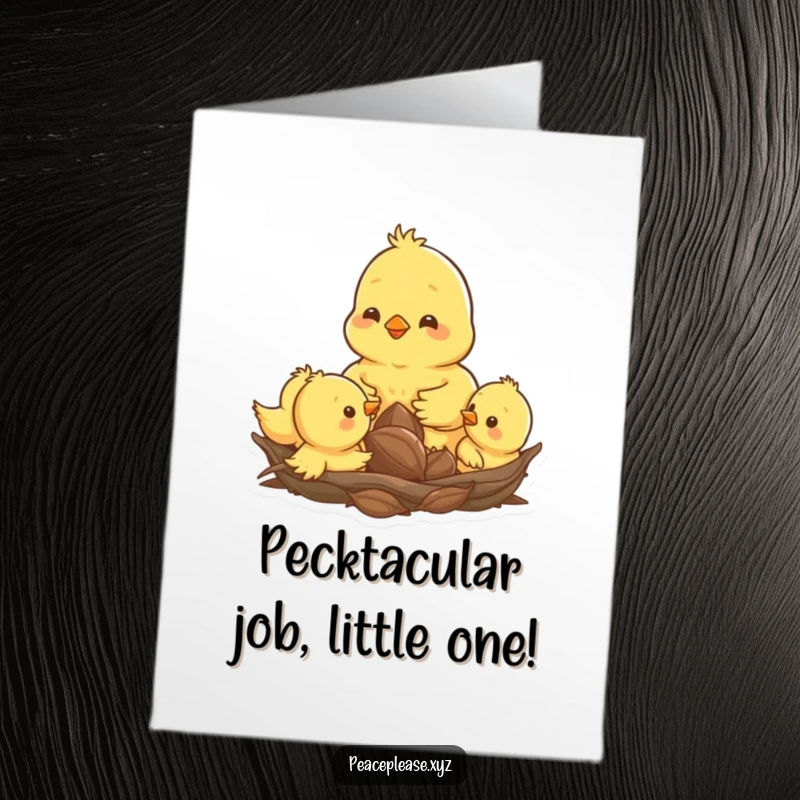 Free Printable Congrats Card: Happy chick pecking seed amongst siblings, cute and funny downloadable art.