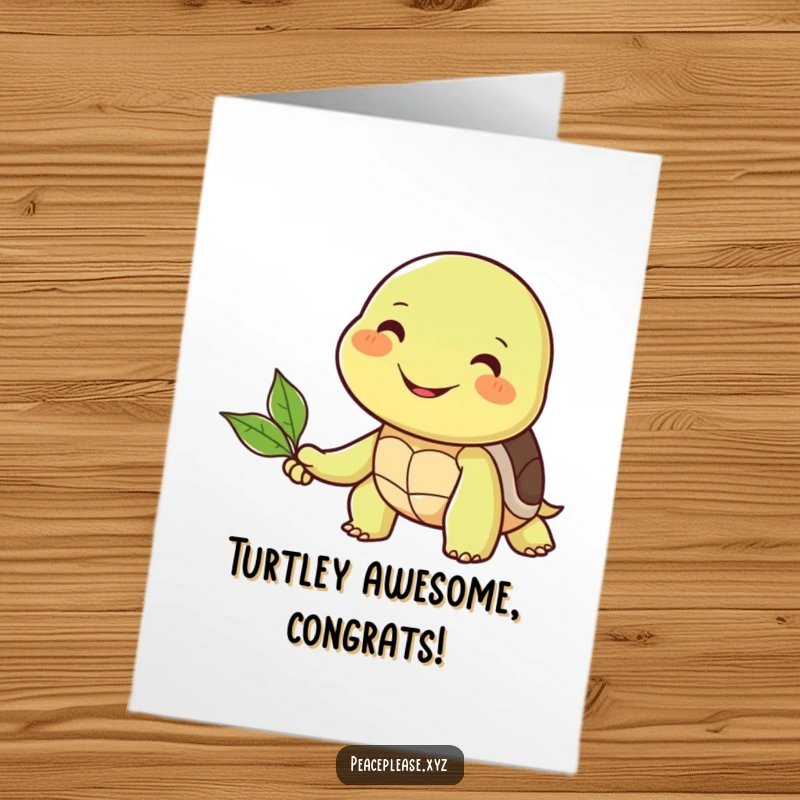 Funny Free Printable Congrats Card: Smiling turtle sharing a leaf with a happy friend, celebrating achievements together.