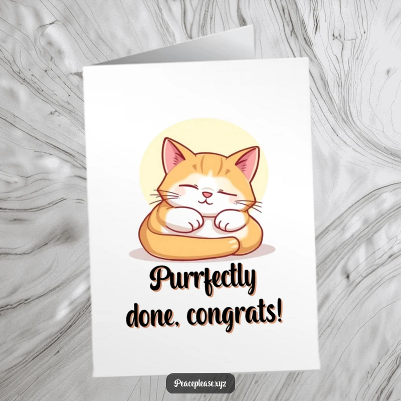 Funny Free Printable Congratulations Card showing a contented cat napping in a sunbeam, celebrating a moment of calm.