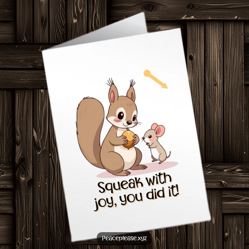 Funny Free Printable Congrats Card: Squirrel offering nut to mouse, sweet and humorous downloadable art.