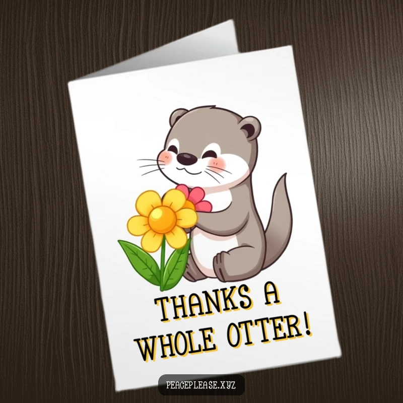 Funny Free Printable Thank You Card: An adorable otter presents a flower, conveying thanks with a unique and charming touch.