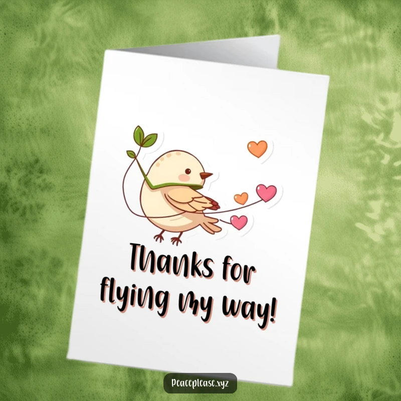 Funny Free Printable Thank You Card: Tiny bird in a leaf cape flies, carrying a string of hearts as thanks.