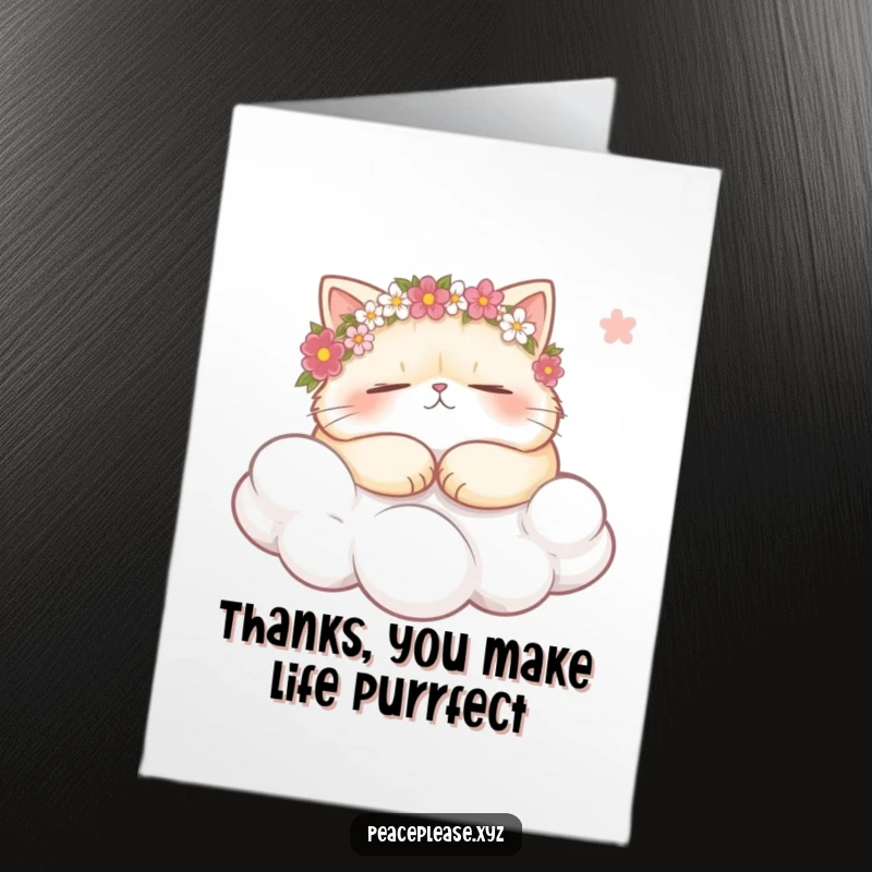 Funny Free Printable Thank You Card: Plump cat with flower crowns snoozing on a cloud, holding a soft breeze.