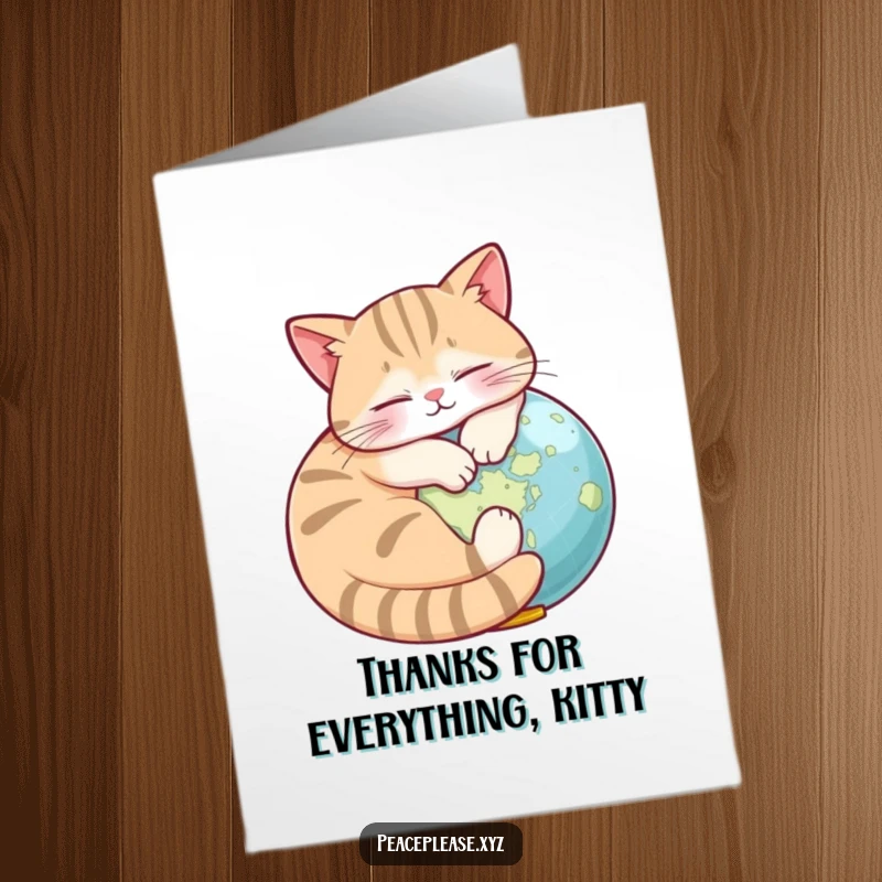 Funny Free Printable Thank You Card: A cat sleeps soundly on a tiny globe, expressing thanks with global humor, easily downloadable.