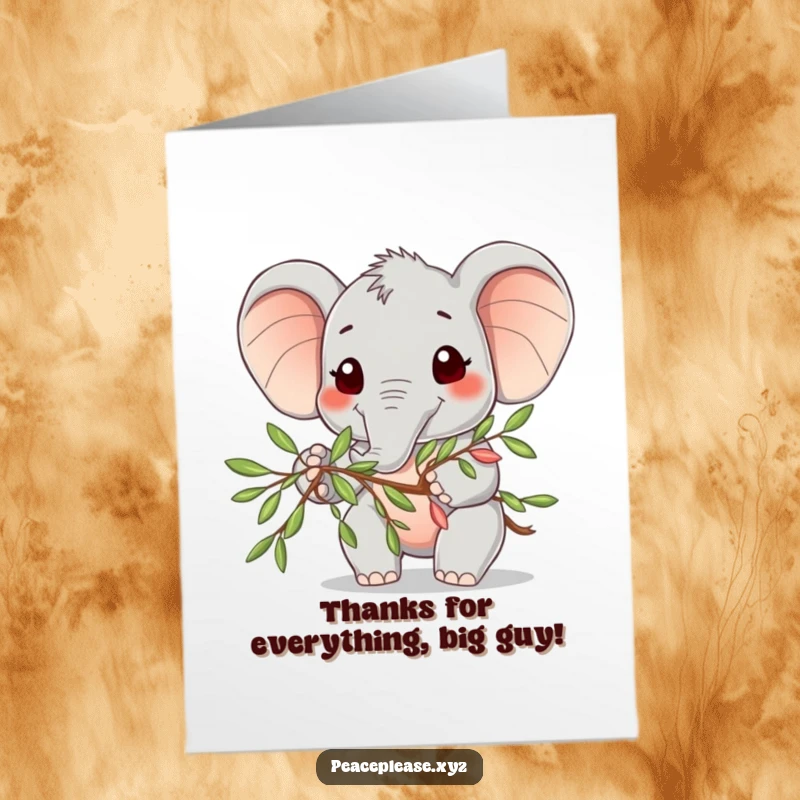 Funny Free Printable Thank You Card: Cute elephant character extending an olive branch with a wide, friendly smile, saying thank you.