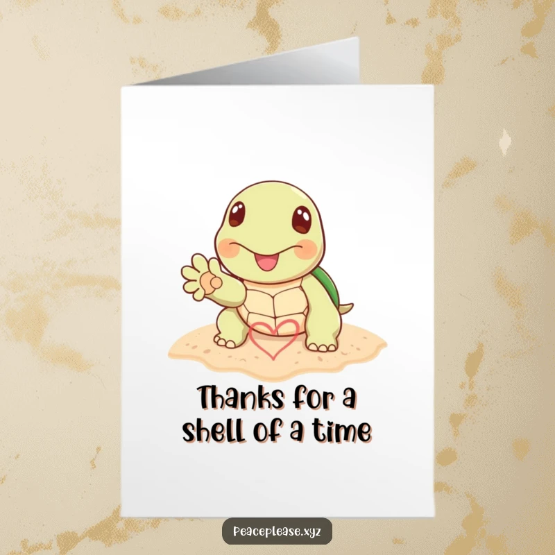 Funny Free Printable Thank You Card: Cheerful turtle extends paw with heart in sand, expressing gratitude with adorable simplicity.