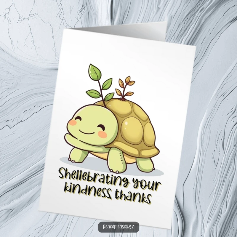 Free Printable Thank You Card: Smiling turtle carries vibrant seedling on shell, symbolizing growth downloadable art.
