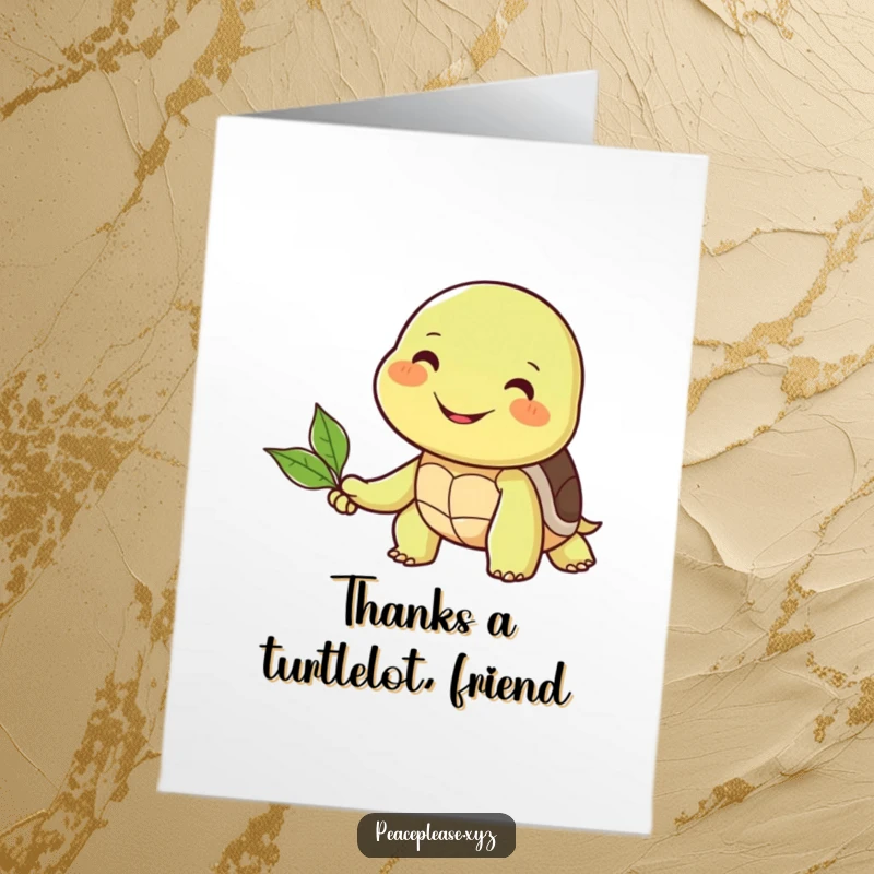 Funny Free Printable Thank You Card: A smiling turtle extending a leaf to a happy friend, expressing gratitude warmly.