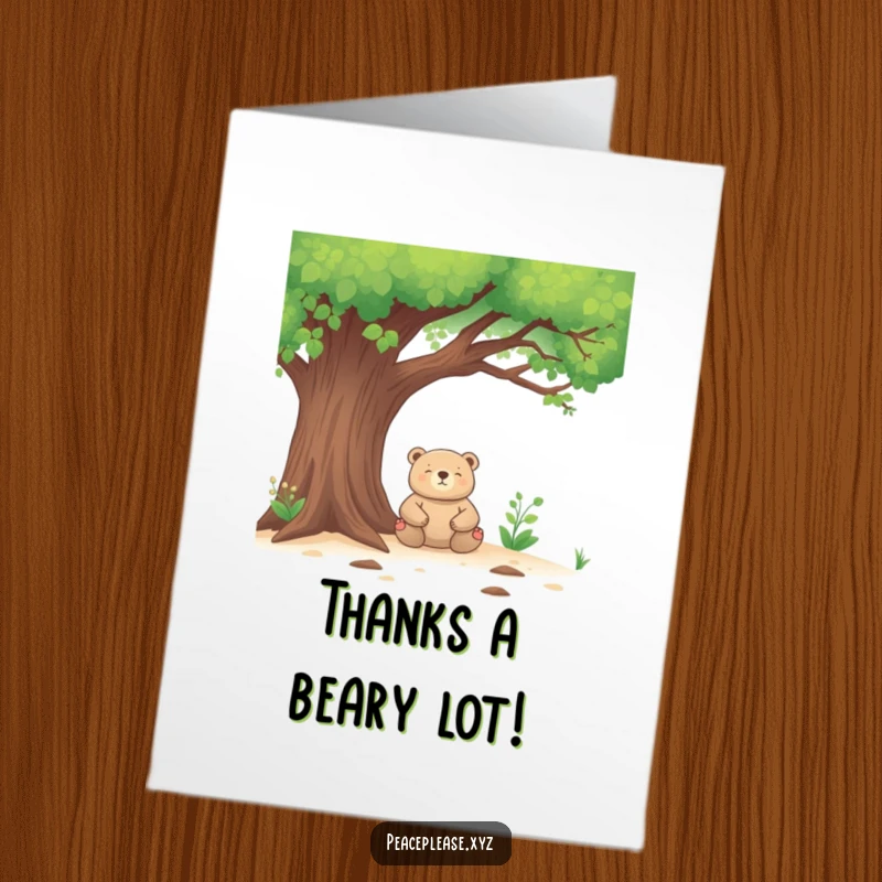 Funny Free Printable Thank You Card: Zen bear meditating under a leafy tree, offering peaceful, humorous gratitude, a downloadable surprise.
