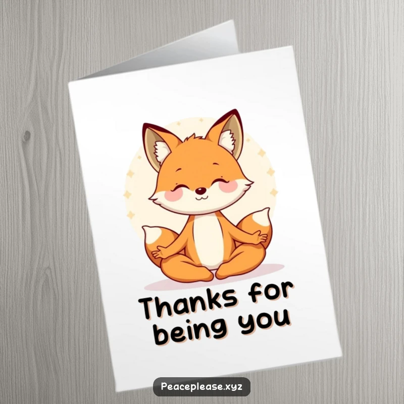 Funny Free Printable Thank You Card featuring a smiling fox meditating in a lotus pose, radiating a serene aura of thankfulness.