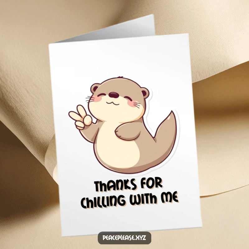 Funny Free Printable Thank You Card: A peaceful otter floats, flashing a peace sign to express calm and genuine gratitude.