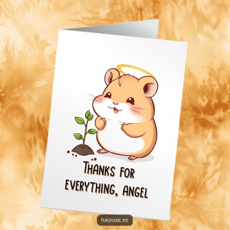 Funny Free Printable Thank You Card: Hamster saint with halo offers sprout, expressing sincere gratitude with gentle humor.