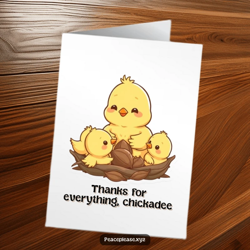 Free Printable Thank You Card: Happy chick pecking seed amongst siblings, cute and funny downloadable art.