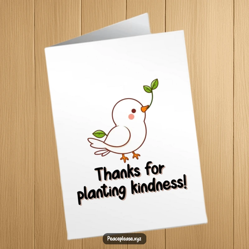 Funny Free Printable Thank You Card: Happy dove character carrying a small green sprout, symbolizing growth and gratitude.