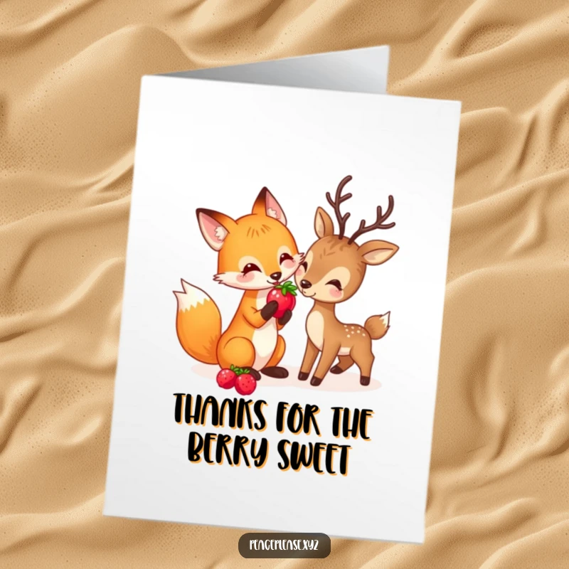 Funny Free Printable Thank You Card: A playful fox offering a berry to a deer, showing kindness and thanks.