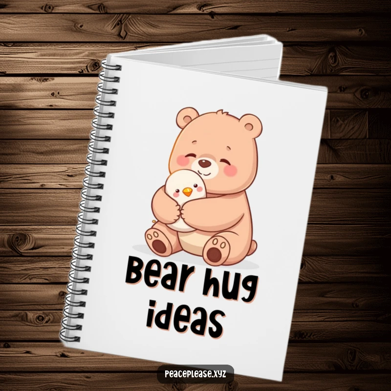 Funny notebook cover displaying a tender bear hug exchanged between a large bear and a tiny bird, symbolizing friendship.