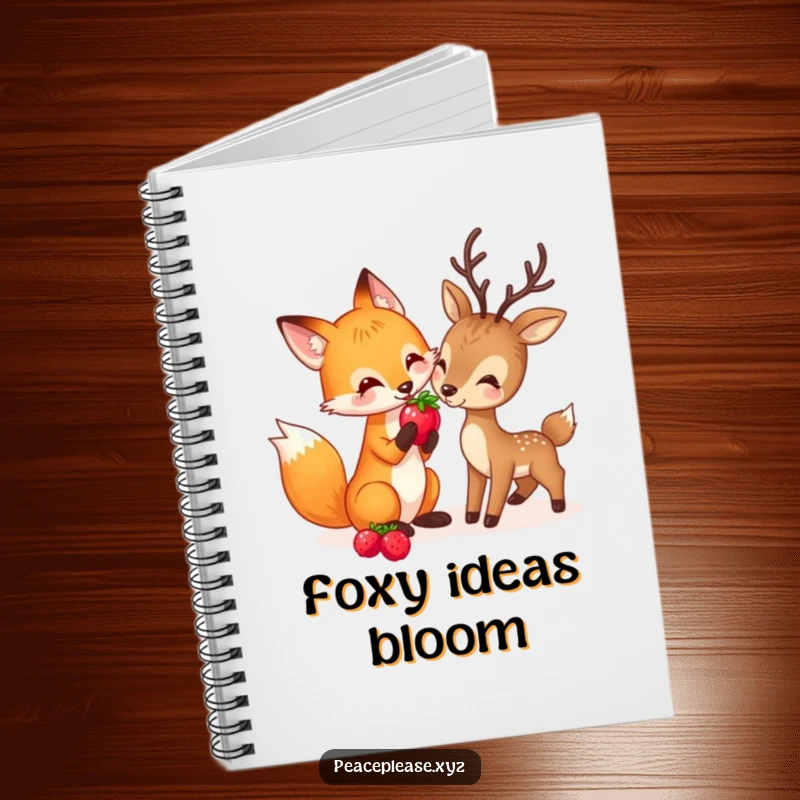 Funny notebook cover with a playful fox sharing a berry with a gentle deer, symbolizing friendship and nature.