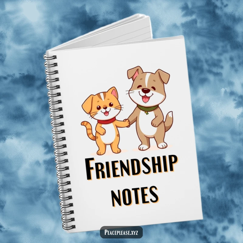 Funny Notebook with a cheerful cat and a friendly dog holding hands, celebrating friendship.