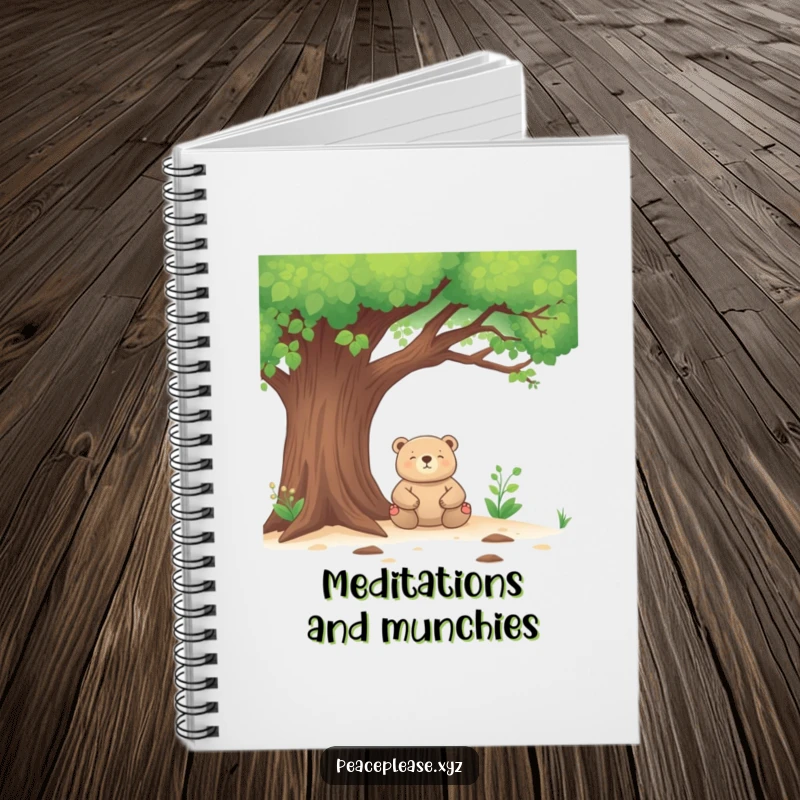 Funny Notebook with a meditating bear on the cover, perfect for jotting down peaceful ideas and humorous notes.