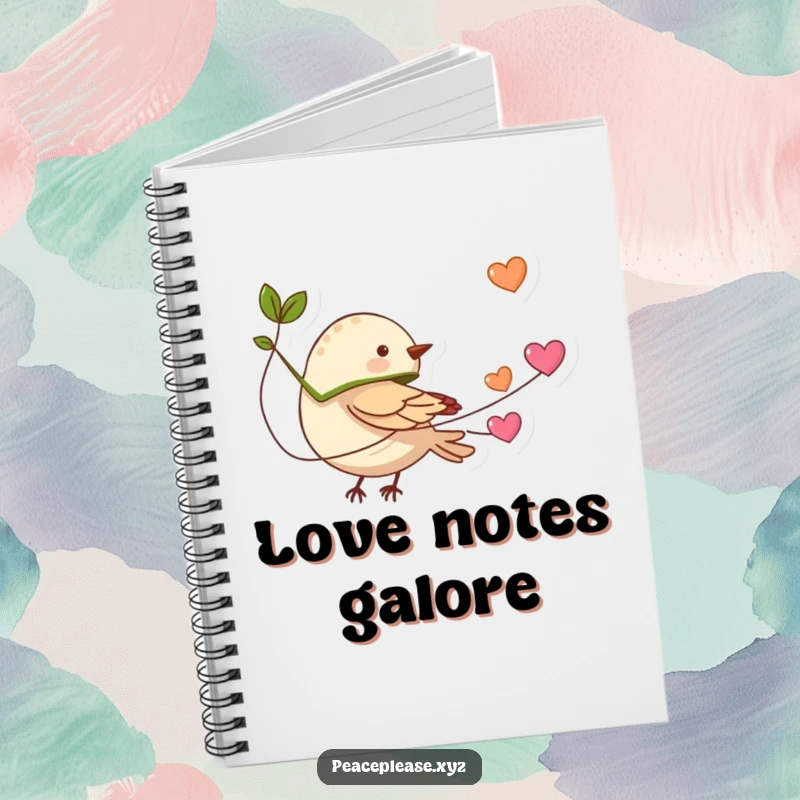 Funny tiny bird with a leaf cape flying with a string of hearts on a notebook cover, inspiring love and adventure.