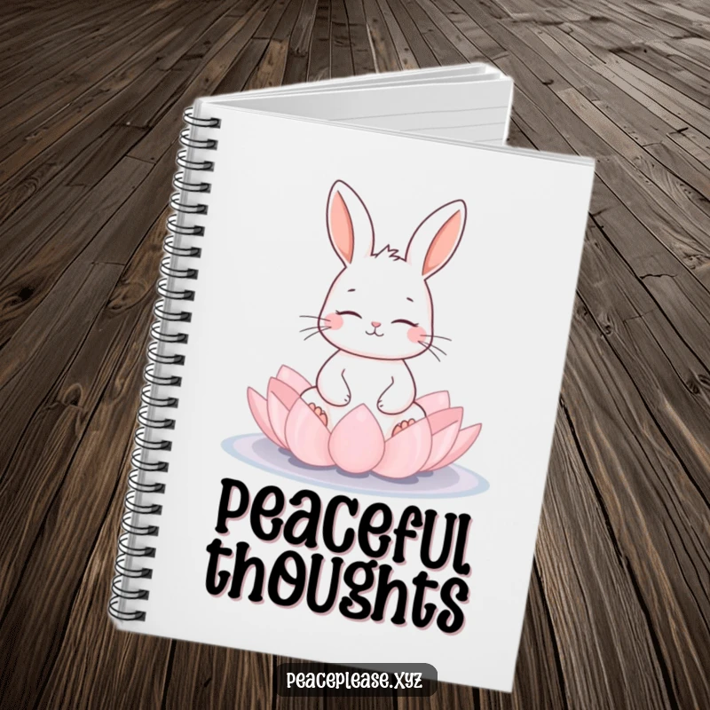 Funny meditating rabbit on a lotus flower pad on a notebook cover, encouraging calm thoughts and humor, perfect gift.
