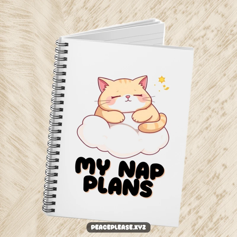 Funny cat notebook with a plump cat napping on a cloud, dreaming of sunshine, great for jotting down funny thoughts.