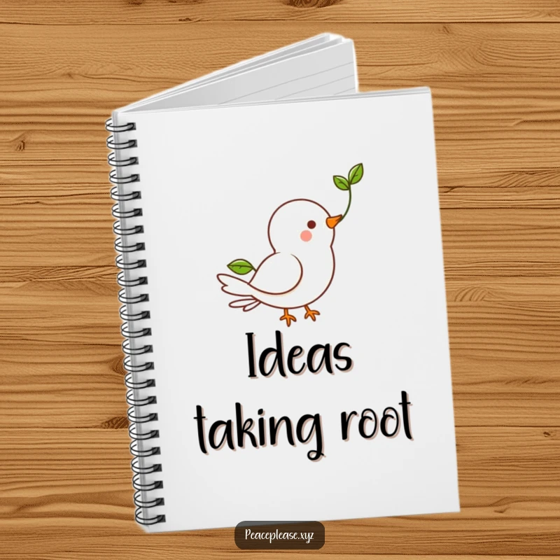 Funny Notebook with a happy dove character holding a green sprout, ideal for journaling hopeful thoughts.