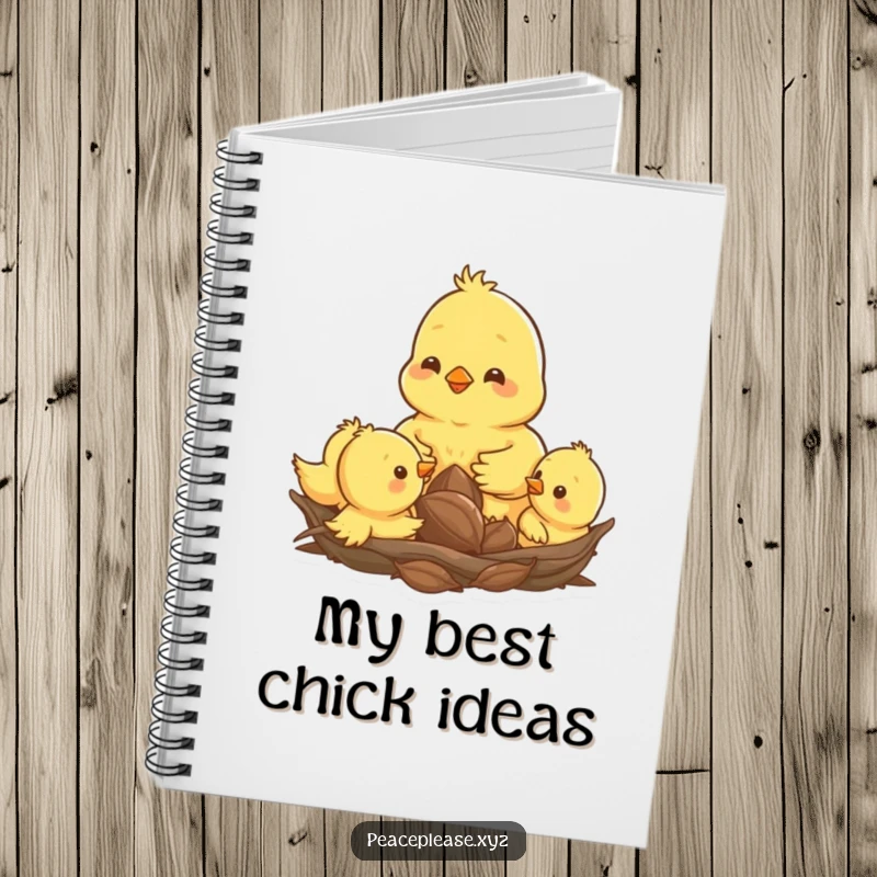 Funny notebook cover of a happy chick pecking a seed amongst its siblings in a nest, ideal for journaling.