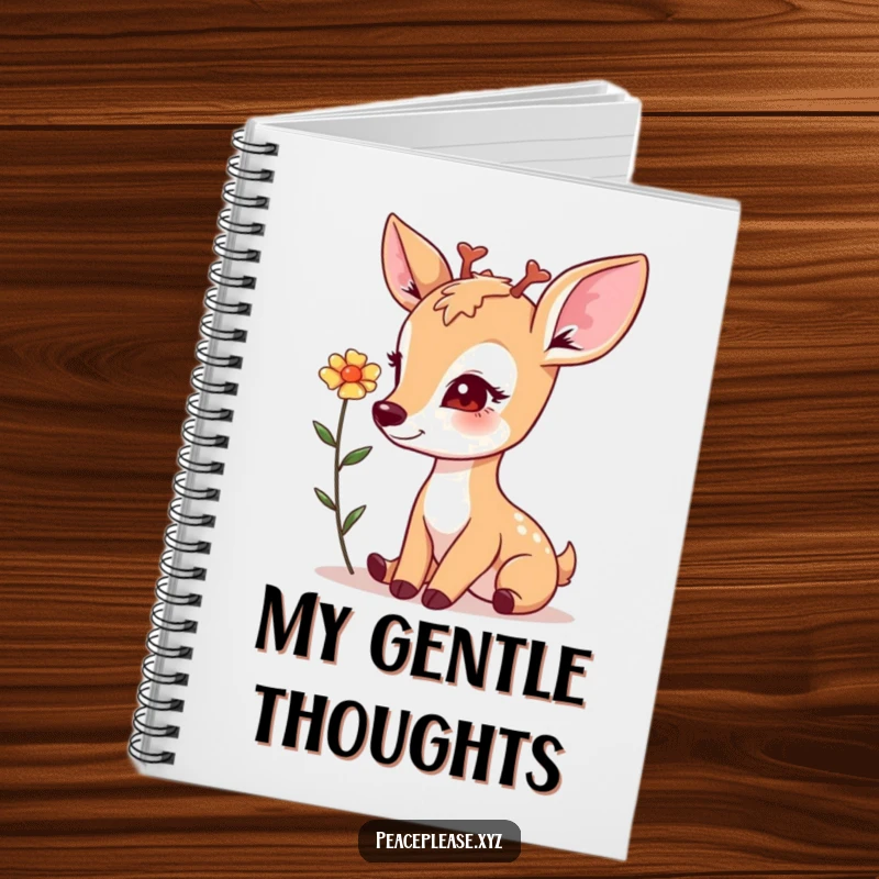 Notebook with a gentle deer offering a flower, soft gaze, perfect for journaling nature's beauty.