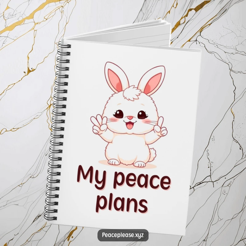 Funny notebook with a fluffy bunny holding a peace sign and a beaming smile, ideal for writing and sketching.