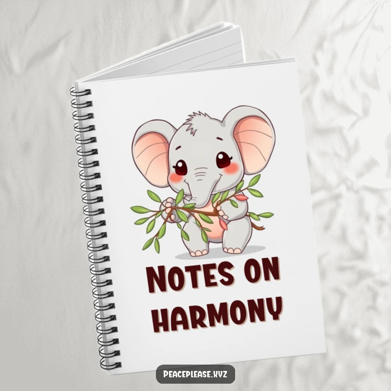 Funny Notebook with a cute elephant character offering an olive branch, perfect for journaling peaceful thoughts.