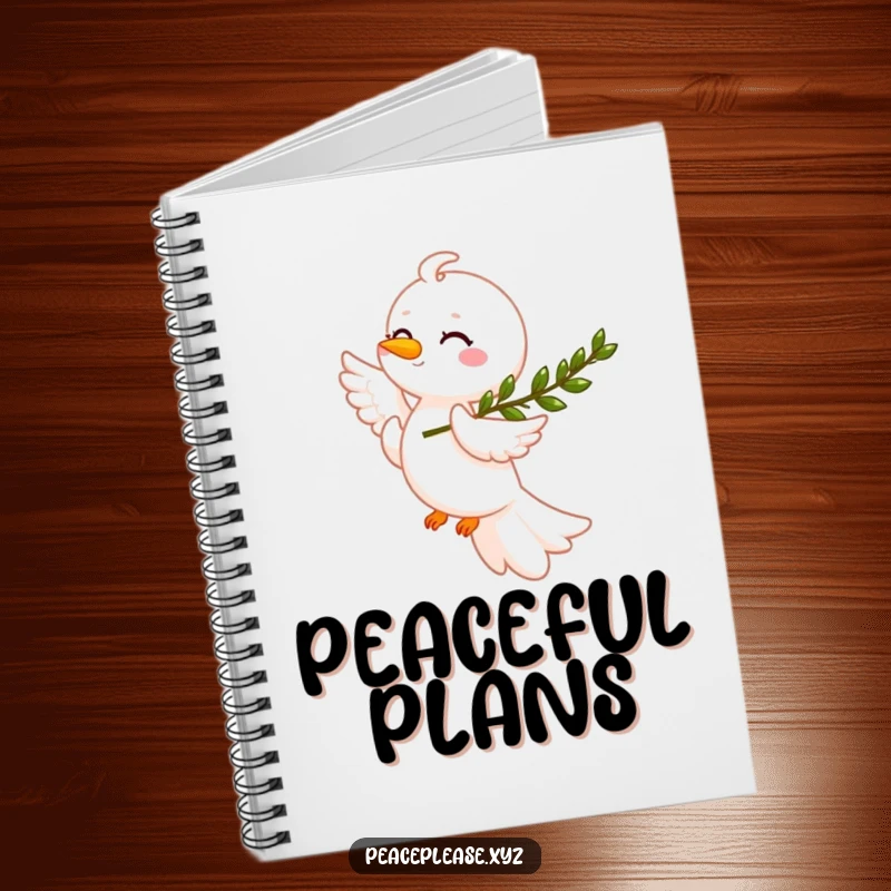 Funny smiling dove with an olive branch on a notebook cover, encouraging calm thoughts and humor, perfect gift.