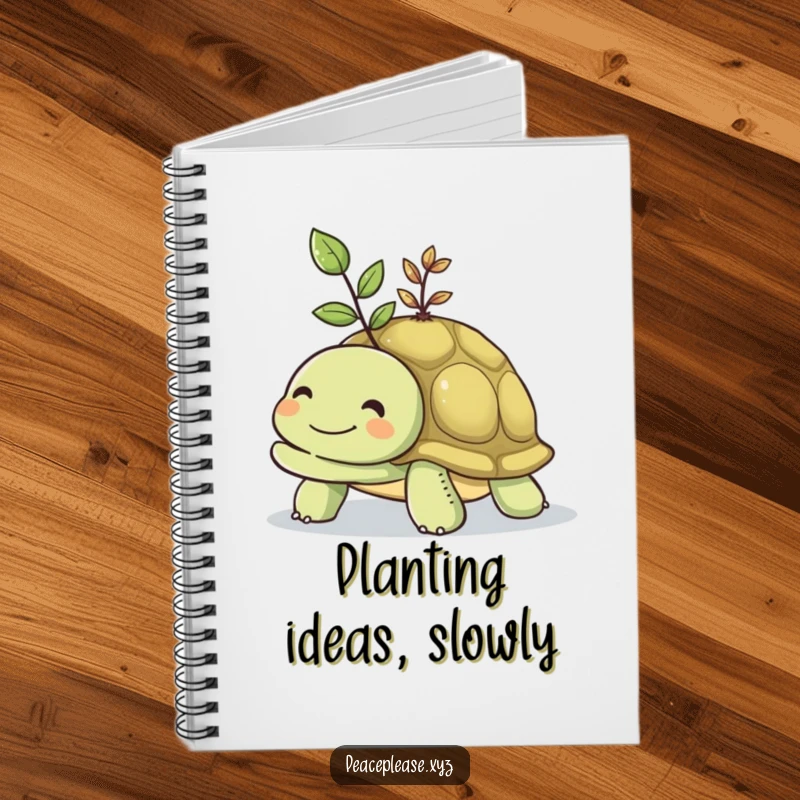 Funny notebook cover of a smiling turtle carrying a small, vibrant seedling on its shell, ideal for journaling.